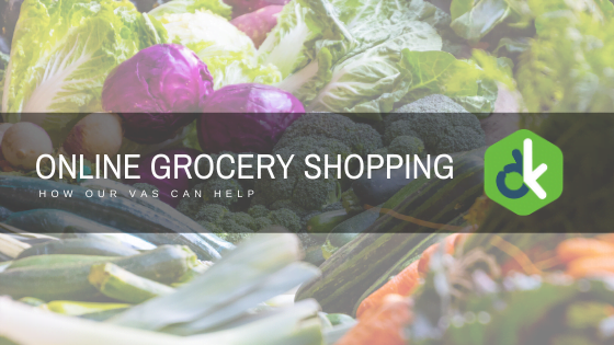 Various vegetables in the background. The blog is lightly layered over and reads, "Online Grocery Shopping: How Our VAs Can Help".