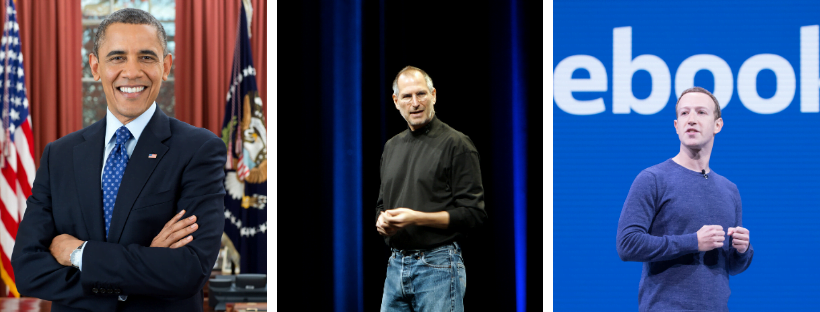 Portraits and snapshots of Barack Obama, Steve Jobs, Mark Zuckerberg.