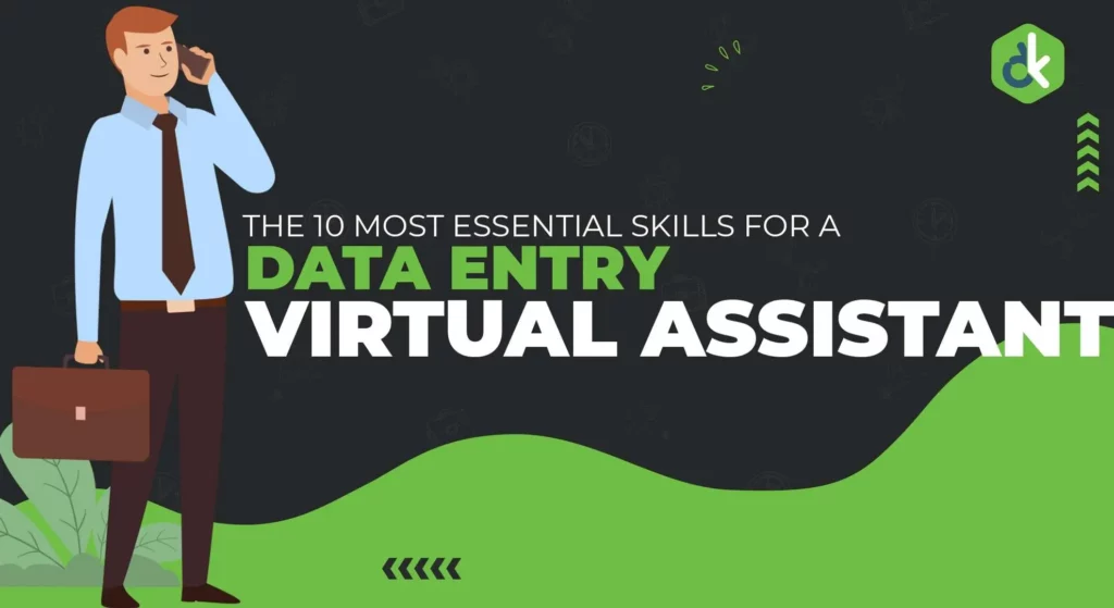 Illustration with the text: "The 10 most essential skills for a data entry virtual assistant."
