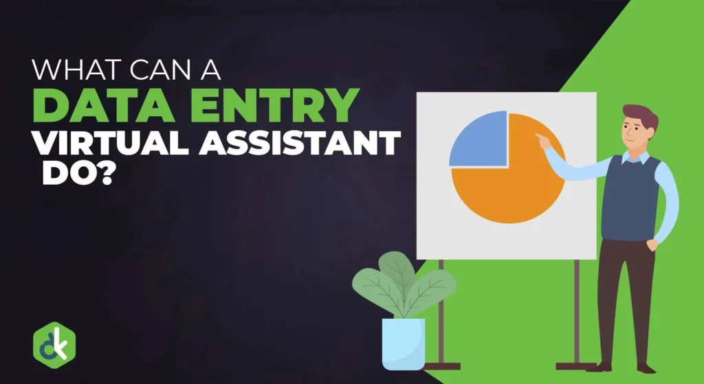 Illustration of a man explaining a pie chart.