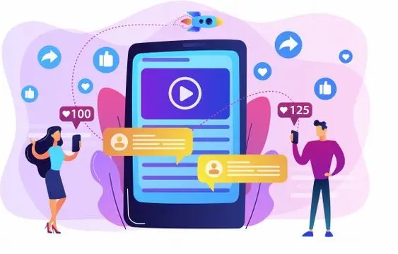 Two people generating followers with an oversized mobile phone showing content marketing in action.