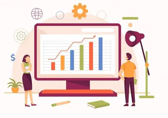 infographic on people analyzing charts Two people analyzing a chart with pen and book on the floor.