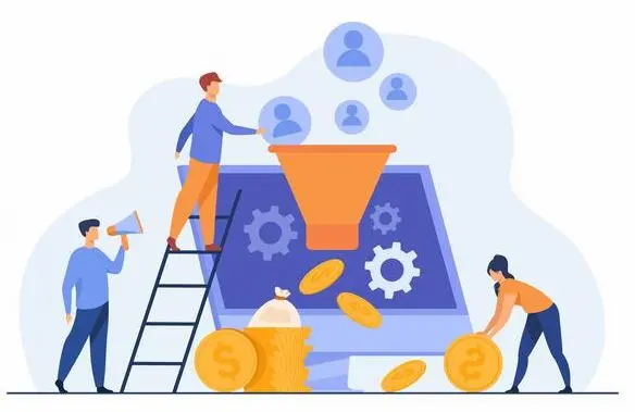 people generating leads and money infographic Three people generating leads and income with a computer monitor in the background.