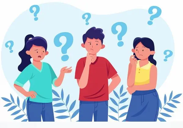 Three people surrounded by question marks.