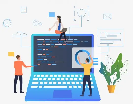 people working on a laptop infographic Three people creating website with data, security, and website content in the laptop.