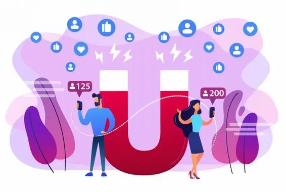 social media lead generation infographics Two people checking their social media followers with a big magnet in the background, signifying attraction.