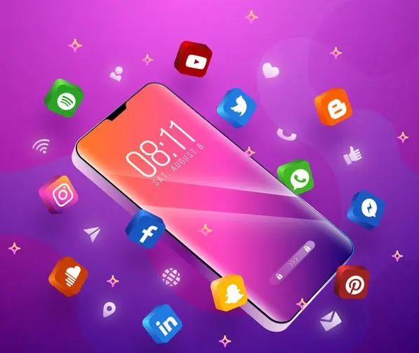 social-media platforms infographics A cellphone showing the time and date with different social media icons in the background.