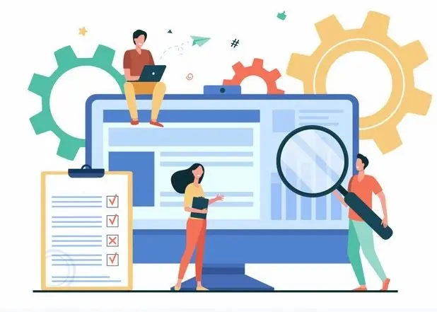 people analyzing software infographics People analyzing results on a website with a checklist.