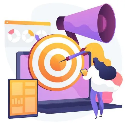 A graphic showing a target board, pie charts, a megaphone, all on and hovering above a laptop screen. A woman looks at all these icons.