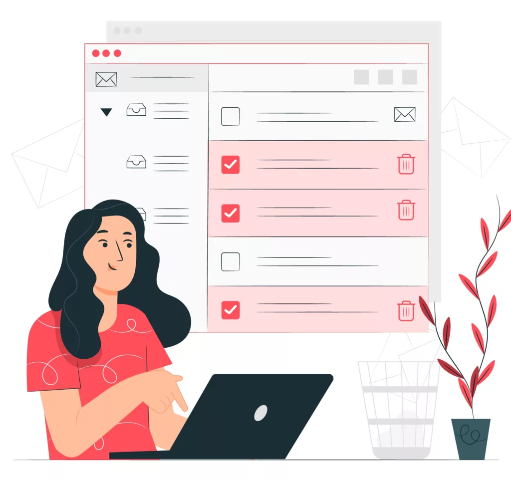 A smiling person looking at mails in her inbox being cleaned up.