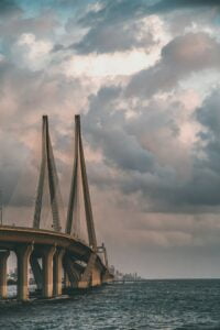 A bridge over a large body of water.