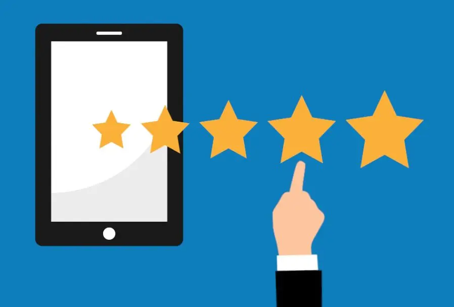 online support Digital illustration of a tablet with 5 stars rating.