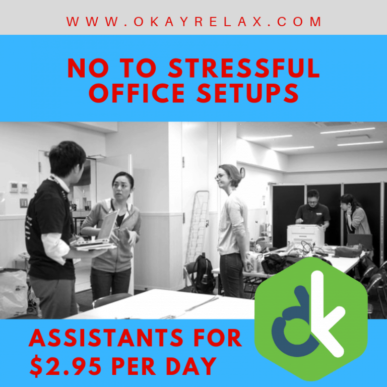 OkayRelax banner ads saying"No to stressful office setups" and to hire an assistant for a day with image of people talking about work.