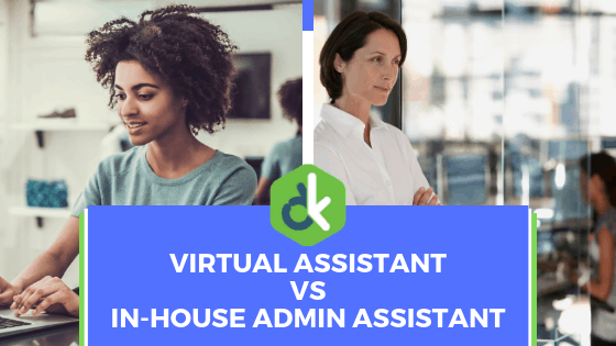 A woman on the left side, working on her laptop. Another woman on the right in her office. The blog title at the bottom reads, "Virtual Assistant versus In-House Admin Assistant".