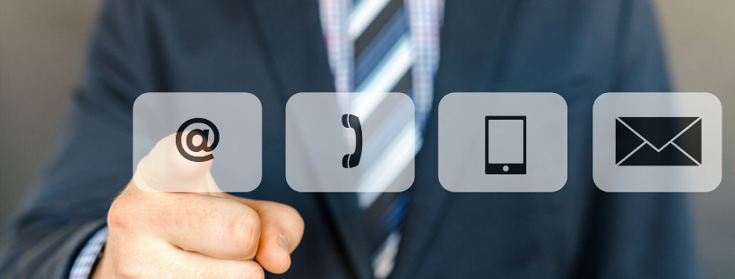 Email & Calendar Management Four icons: email, call, phone, mail. Person pointing at email.