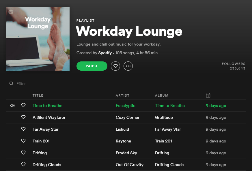 Workday Lounge A cropped screenshot from the Spotify website, showing the playlist titled 'Workday Lounge', created and curated by Spotify themselves.