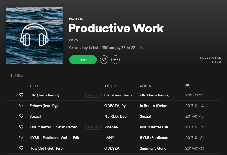 Productive Work A cropped screenshot from the Spotify website, showing the playlist titled 'Productive Work'. It has been created by a Spotify user 'luiisal'.
Artists include: blackbear, Tarro, ODESZA, Py, NEIKED, Dyo, Rihanna, LANY.