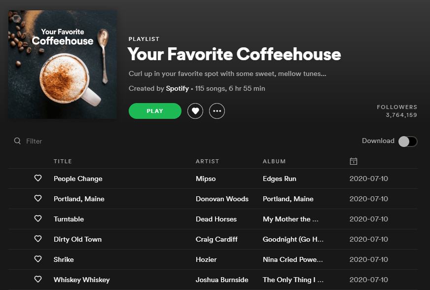 Your Favorite Coffeehouse A cropped screenshot from the Spotify website, showing the playlist titled 'Your Favorite Coffeehouse'. It has been created officially by Spotify.
Artists include: Mipso, Donovan Woods, Dead Horses, Craig Cardiff, Hozier, and Joshua Burnside, among others.