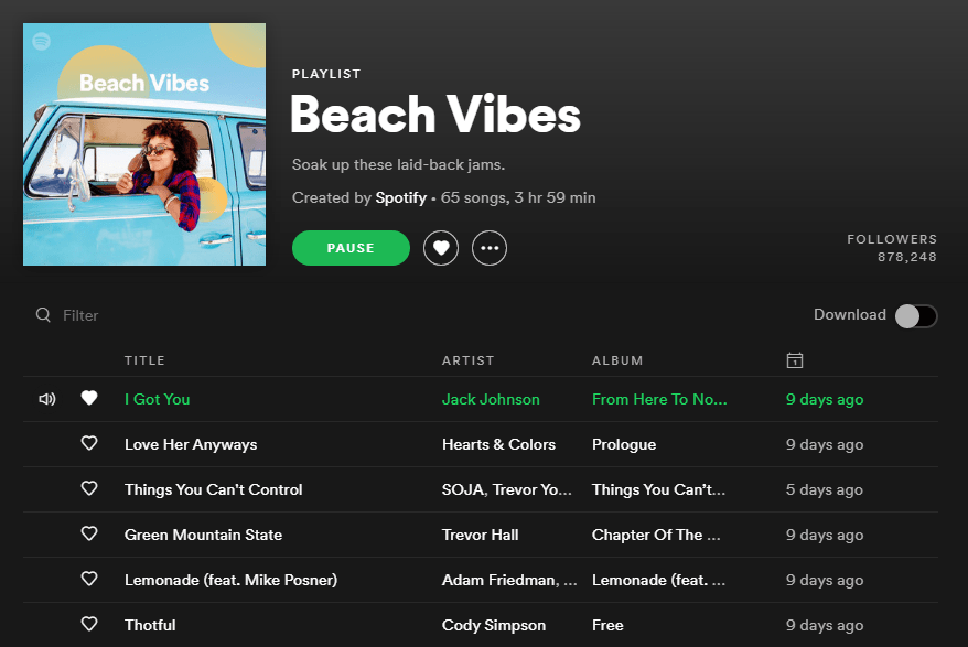 Beach Vibes A cropped screenshot from the Spotify website, showing the playlist titled 'Beach Vibes'. It has been created officially by Spotify.
Artists include: Jack Johnson, Hearts & Colors, SOJA, Trevor Hall, Adam Friedman, and Cody Simpson, among others.