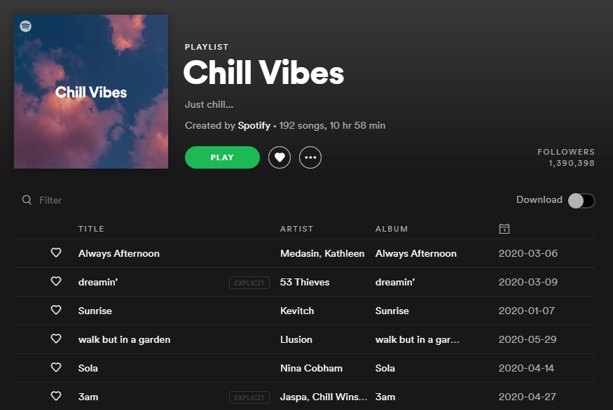 Chill Vibes A cropped screenshot from the Spotify website, showing the playlist titled 'Chill Vibes'. It has been created officially by Spotify.
Artists include: Kevitch, Lluison, Nina Cobham, Jaspa, and 53 Thieves among others.