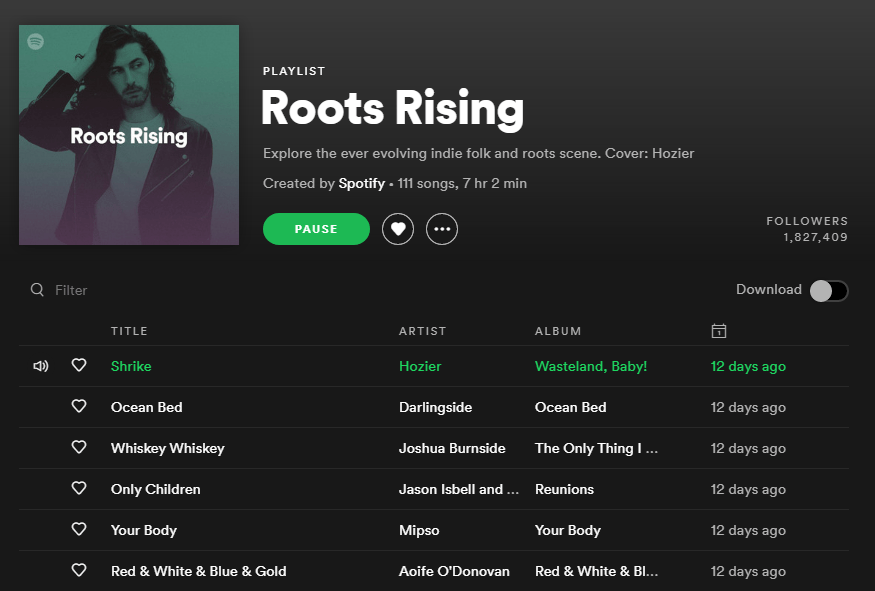 Roots Rising A cropped screenshot from the Spotify website, showing the playlist titled 'Roots Rising'. It has been created officially by Spotify.
Artists include: Hozier, Darlingside, Mipso, Jason Isbell, and Joshua Burnside among others.