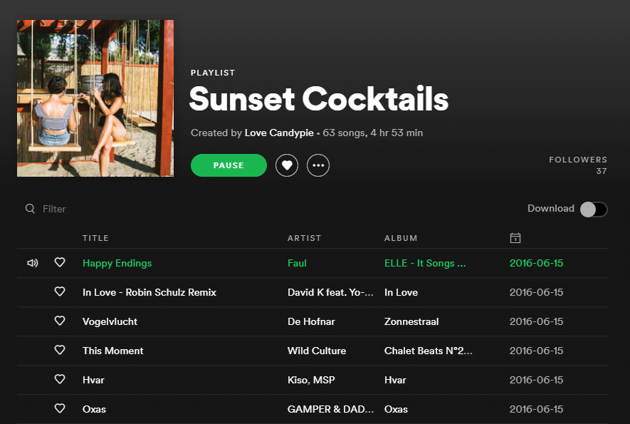 Sunset Cocktails A cropped screenshot from the Spotify website, showing the playlist titled 'sunset Cocktails'.
Artists include: Faul, De Hofnar, Wild Culture, Kiso, MSP, etc.