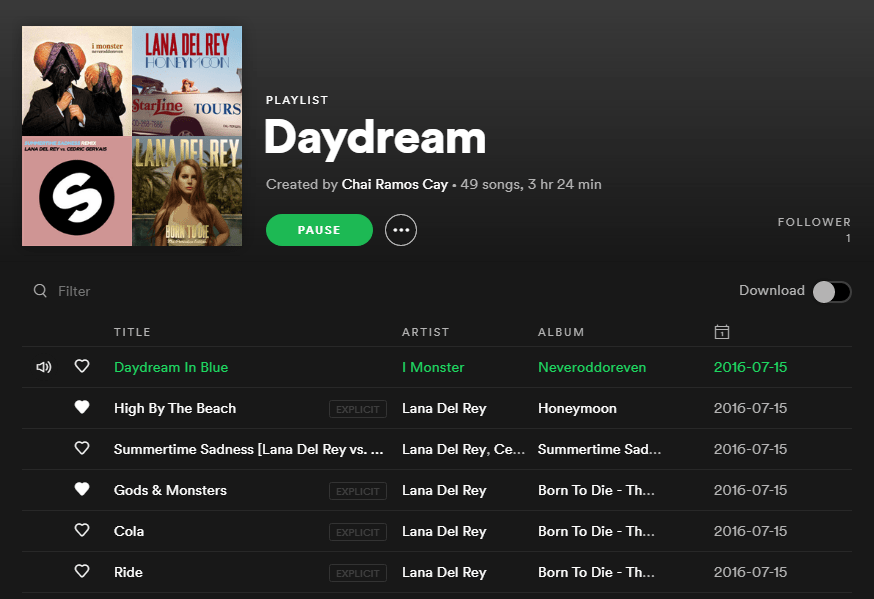 Daydream A cropped screenshot from the Spotify website, showing the playlist titled 'Daydream'.
Artists include:I Monster, Lana Del Rey and more.