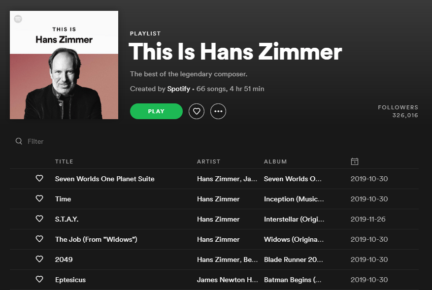 This is Hans Zimmer A cropped screenshot from the Spotify website, showing the playlist titled 'This Is Hans Zimmer'.
Artists include Hans Zimmer himself and some collaborating artists on some songs.
Playlist includes 66 songs, stretching 4 hours and 51 minutes, with over 326k followers.