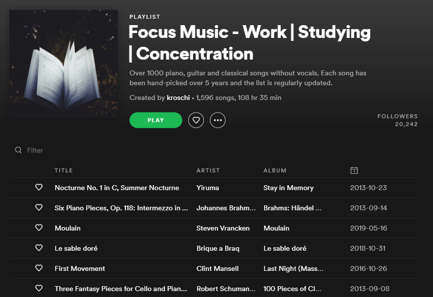Focus Music - Work | Studying | Concentration A cropped screenshot from the Spotify website, showing the playlist titled 'Focus Music - Work | Studying | Concentration'. It has been created by a Spotify user 'kroschi'. Description reads: "Over 1000 piano, guitar and classical songs without vocals. Each song has been hand-picked over 5 years and the list is regularly updated."
The playlist has about 20,000 followers. It includes 1596 songs, stretching 108 hours and 35 minutes.