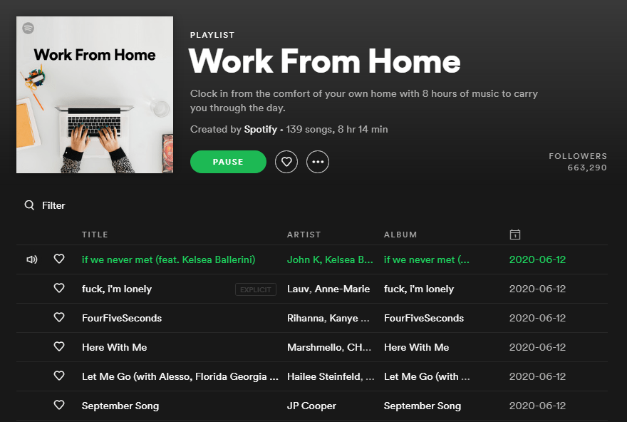 Working From Home A cropped screenshot from the Spotify website, showing the playlist titled 'Working From Home'. It has been created officially by Spotify.
The playlist has about 29,000 followers, and a cover of a top-down view of a person working on their laptop.
Includes 80 songs, stretching 5 hours and 11 minutes.
Description reads: "Soft pop hits for your home office."