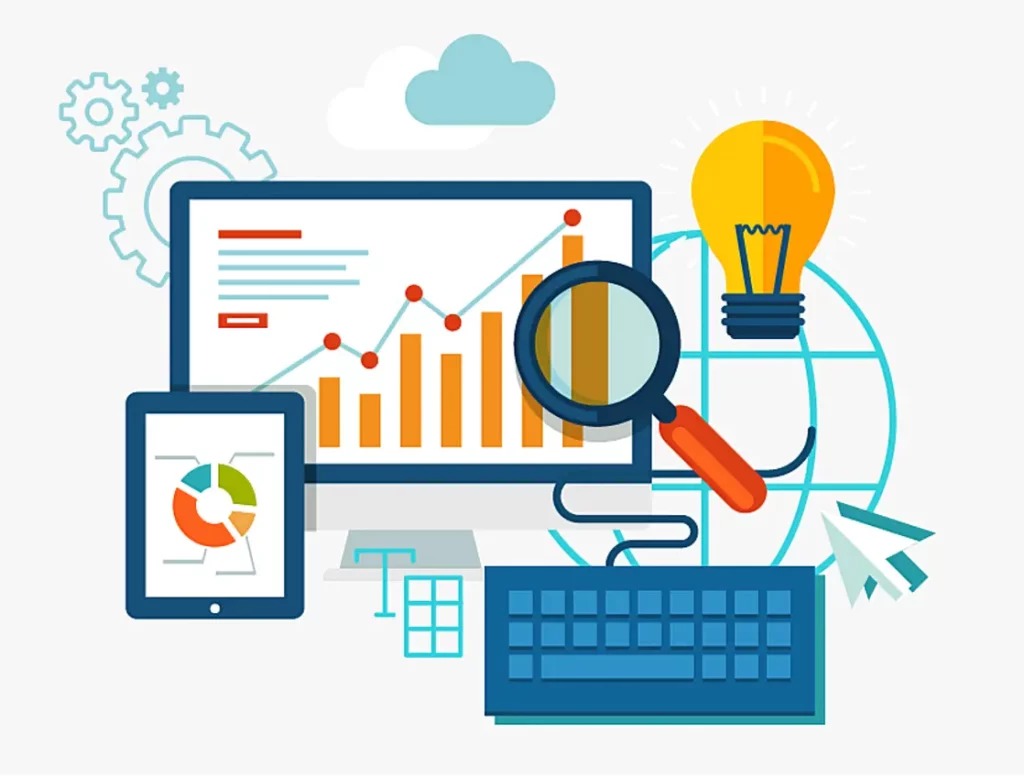 online services Digital illustration of online services and statistics. Depicted through a tablet, a globe, a magnifier on top of a graph, and a keyboard connected to a monitor.