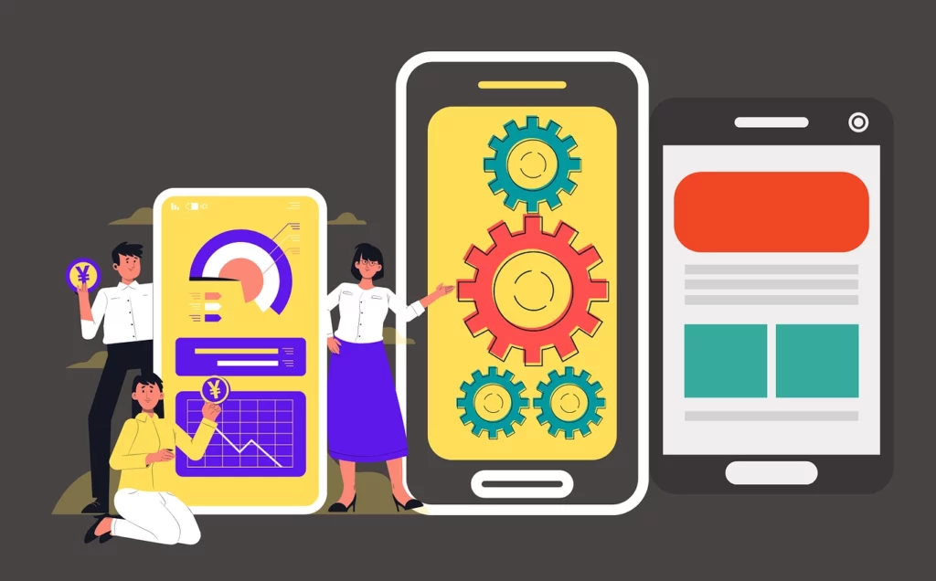 Digital illustration of three people working through varying kinds of tasks on each of their devices.