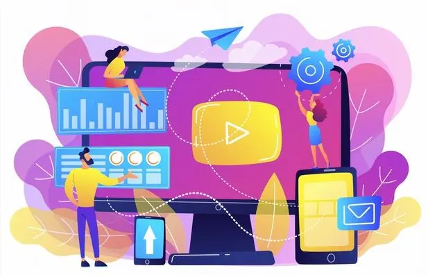 social media tools infographic Illustration of social media tools being used by three people.