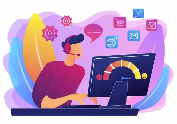 Illustration of a virtual assistant working on a laptop and getting a good rating.